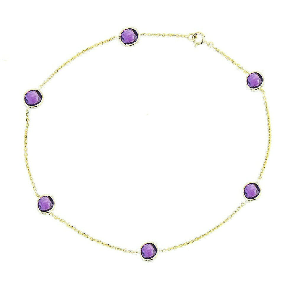14K Yellow Gold Anklet Bracelet With Round Amethyst Gemstones 9.5 Inches