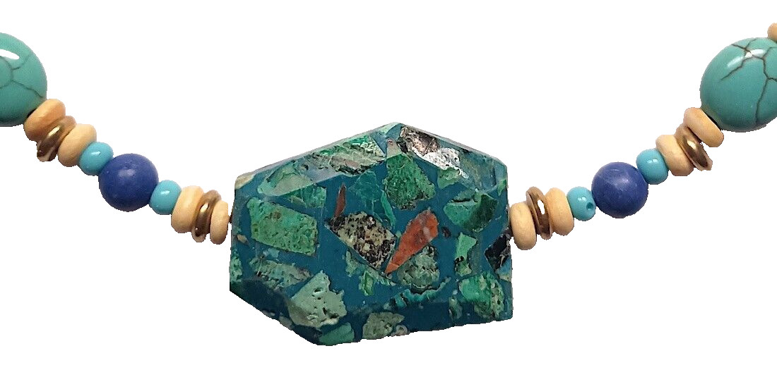 Necklace – 1.25 ” Focal Mosaic Stone with Bead Accents, 17″ with 1″ Extension