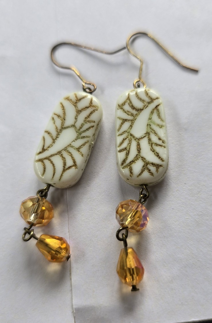 White Gold Leaf Rectangle Dangle Drop Earrings Gold Tone Metal Hook Closure