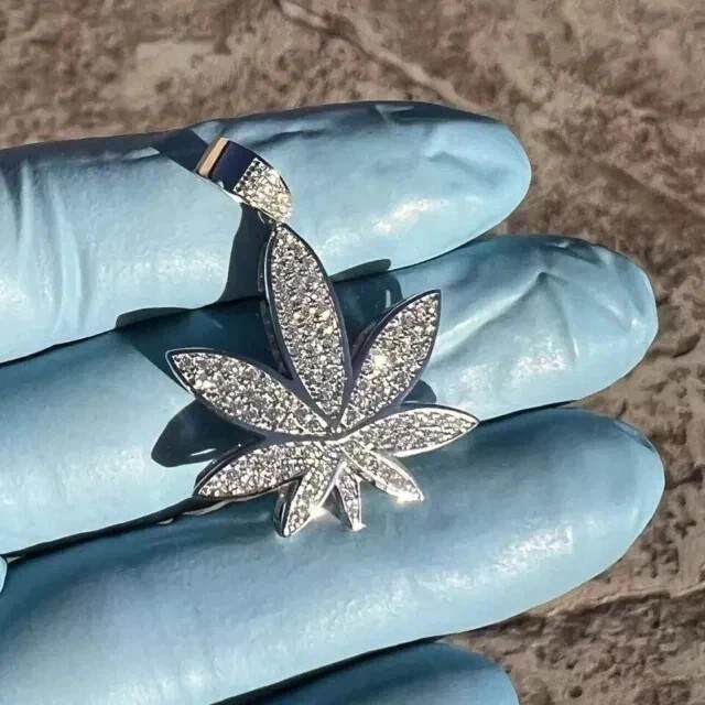 2Ct Round Cut Real Moissanite Marijuana Weed Leaf Pendant 14K Gold Plated