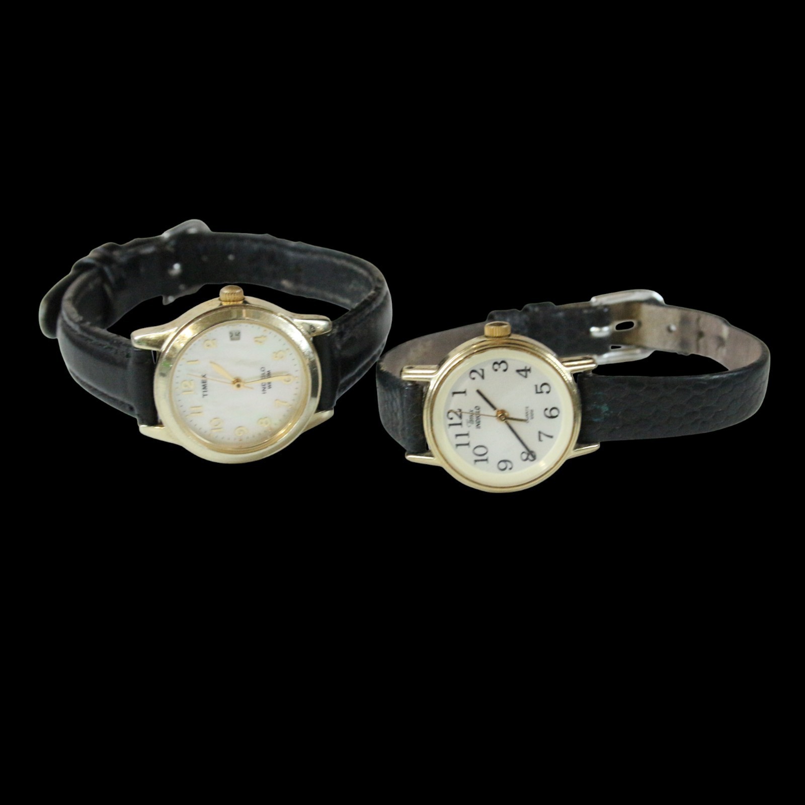 Timex Watch Lot Indiglo Easy Reader Gold & Black Leather Vintage MOP Pearl Work