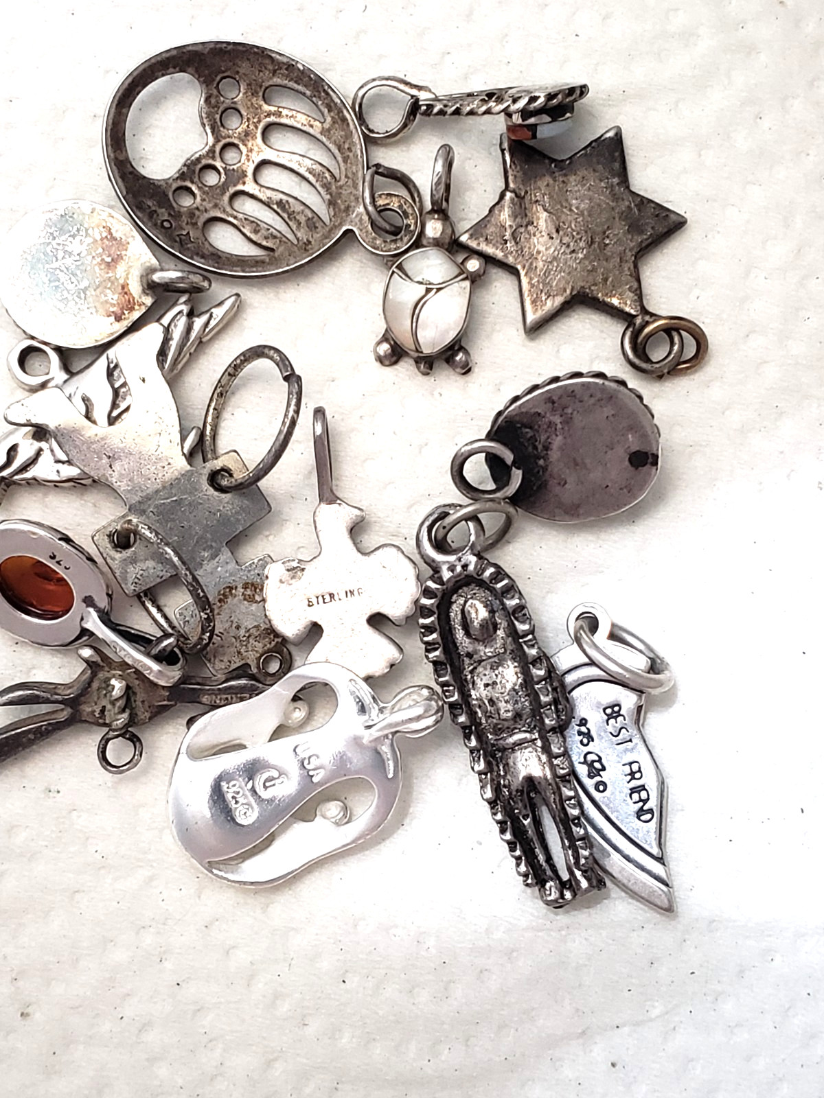 VINTAGE HAND MADE NATIVE AMERICAN SILVER CHARM LOT INLAYED ZUNI NAVAJO