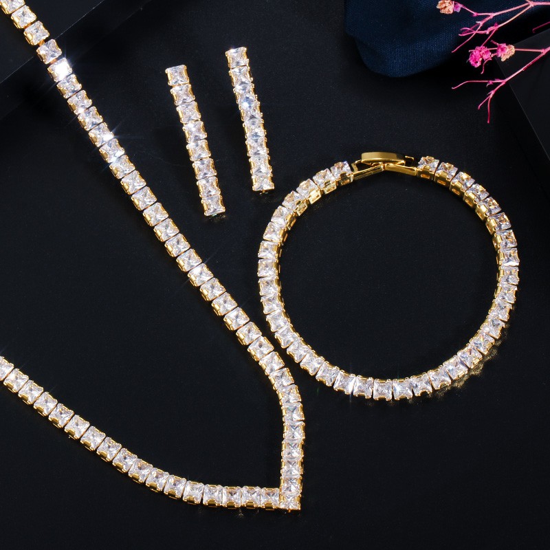 Square Zircon Gold Plated V Shape Tennis Necklace Bracelet Earrings Jewelry Set