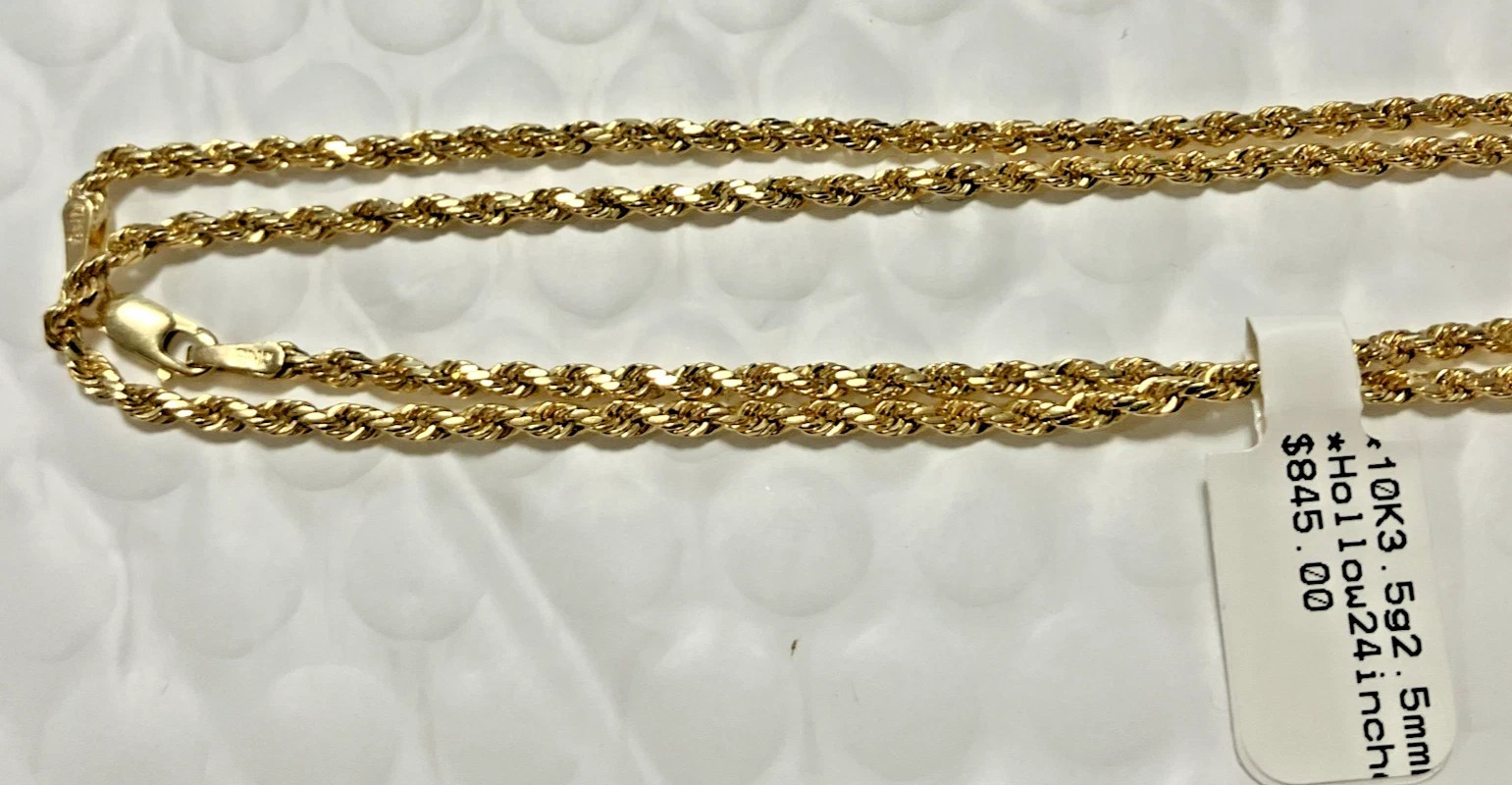 10kt Real Gold Rope Hollow Chain 3.5Grams 2.5mm 24” Necklace GND Brand NWT 10K