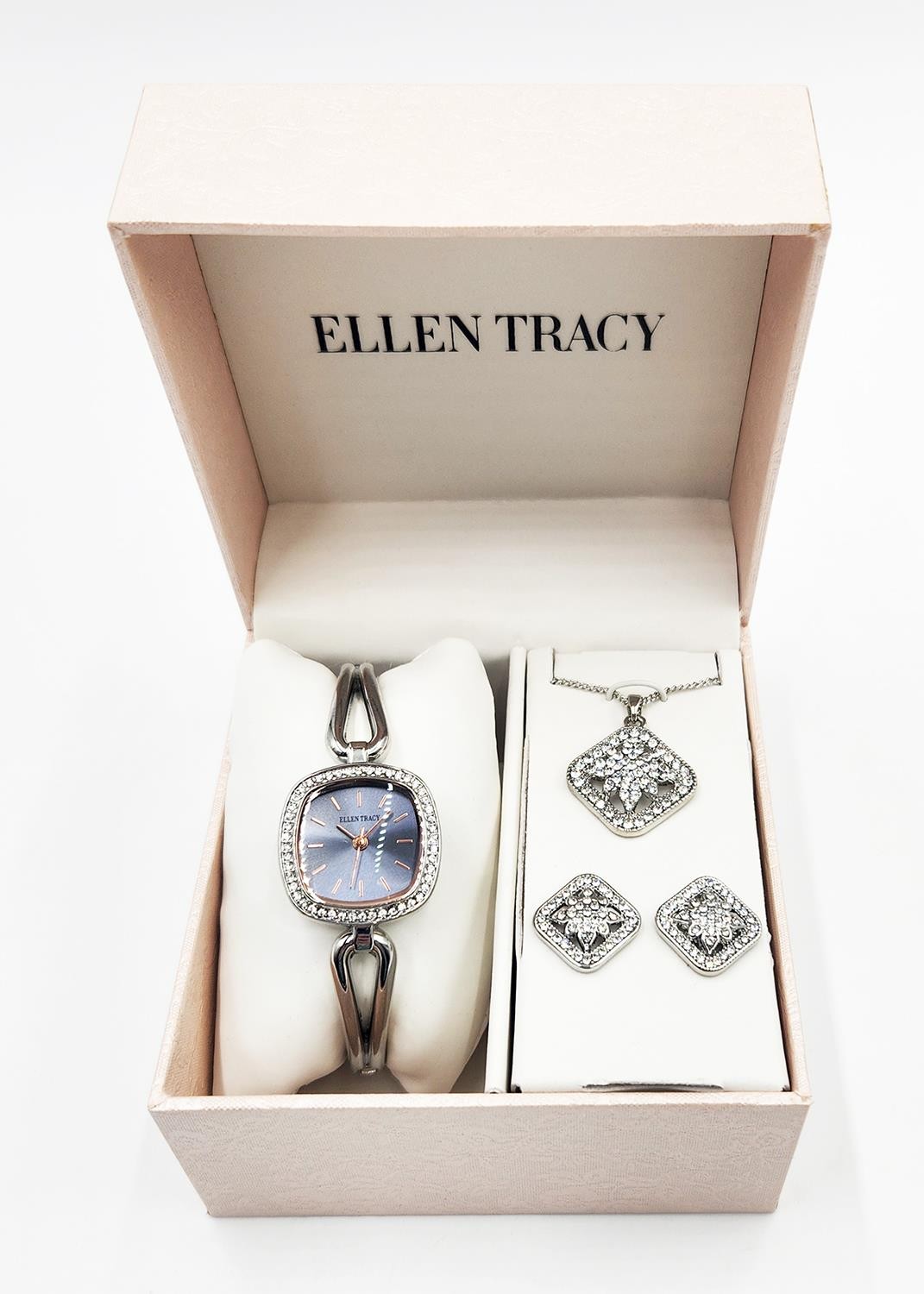 HSN Ellen Tracy Cushion Shaped Watch, Necklace and Earring Set – Silver Dmg