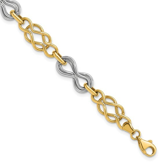 14k Gold Two Tone Yellow & White Fancy Infinity Open Link Hollow Fancy Bracelet