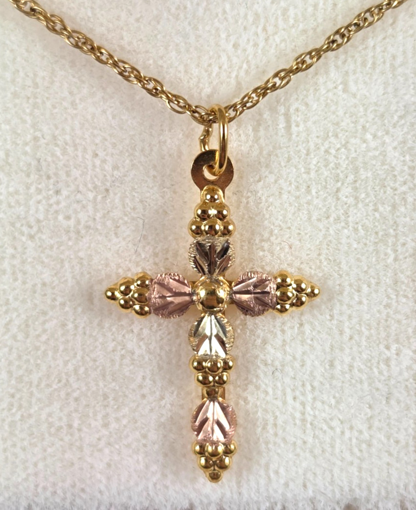 Landstrom’s 10K Black Hills Gold Cross Pendant, Alternating Leaves – NIB (M620)