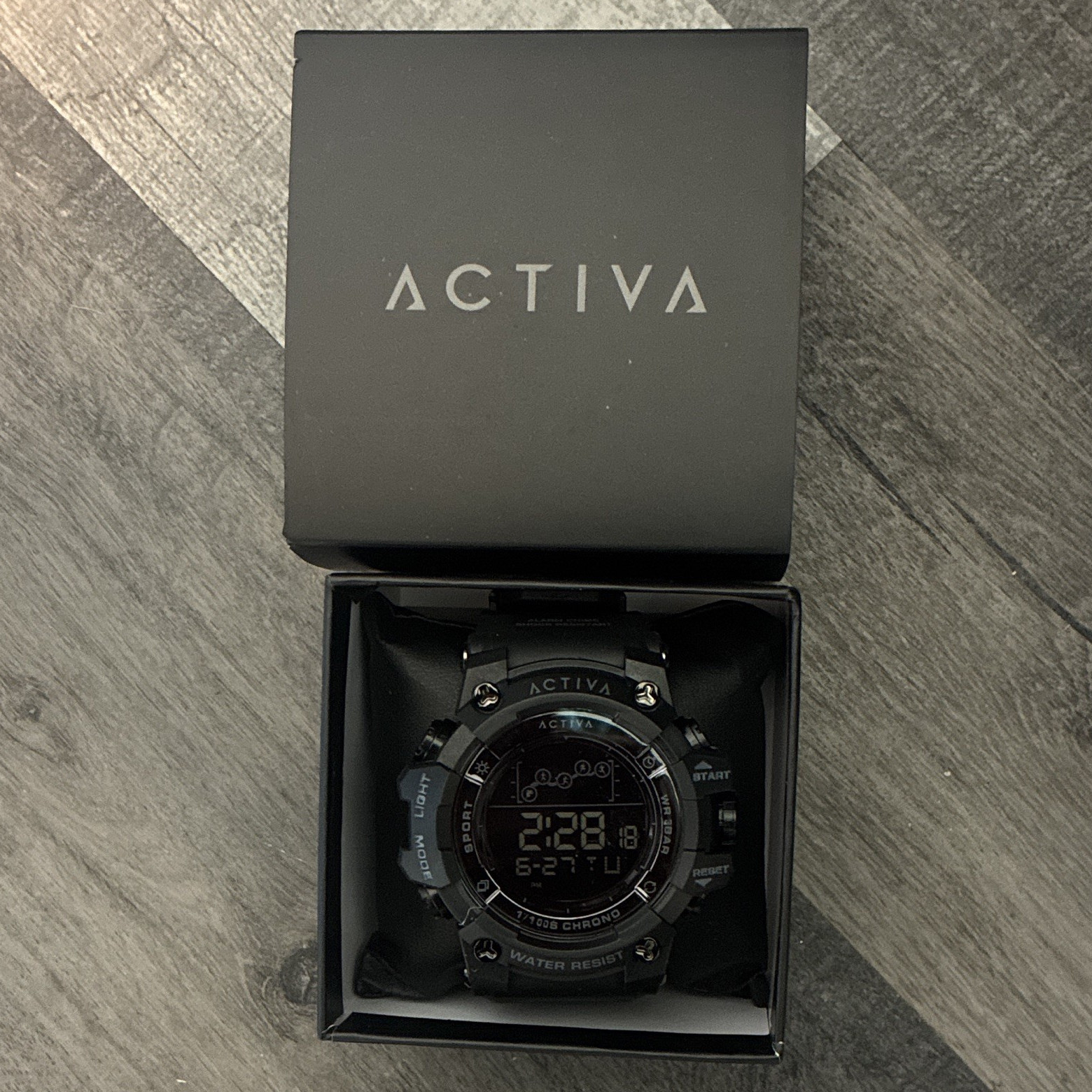 Activa Men’s Digital Quartz Chronograph Alarm Black Resin Sport Watch Box