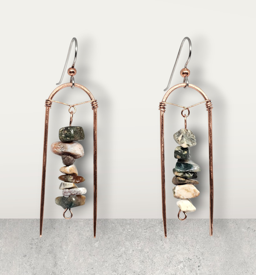 Handmade Ocean Jasper Chip Gemstone Earrings Copper Arch Boho Dangle