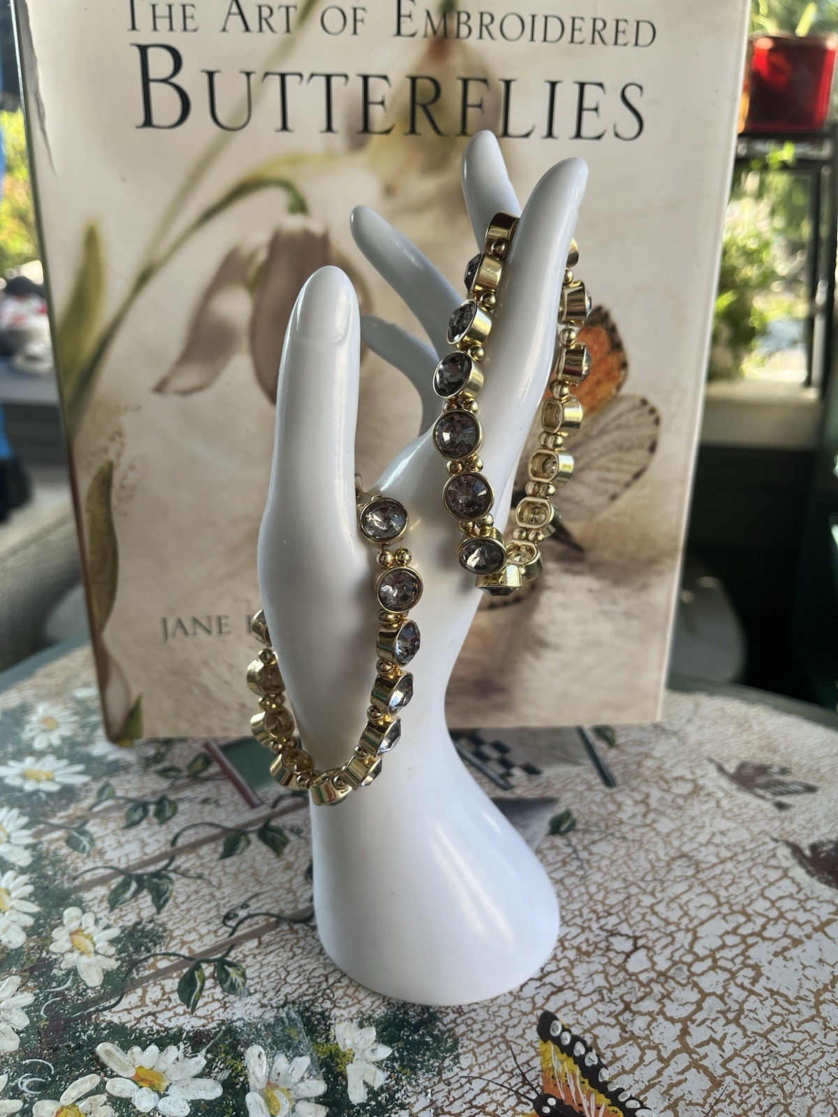 Two Stretch Bracelet Beaded Smoke Clear Gold Tone 7” Ish