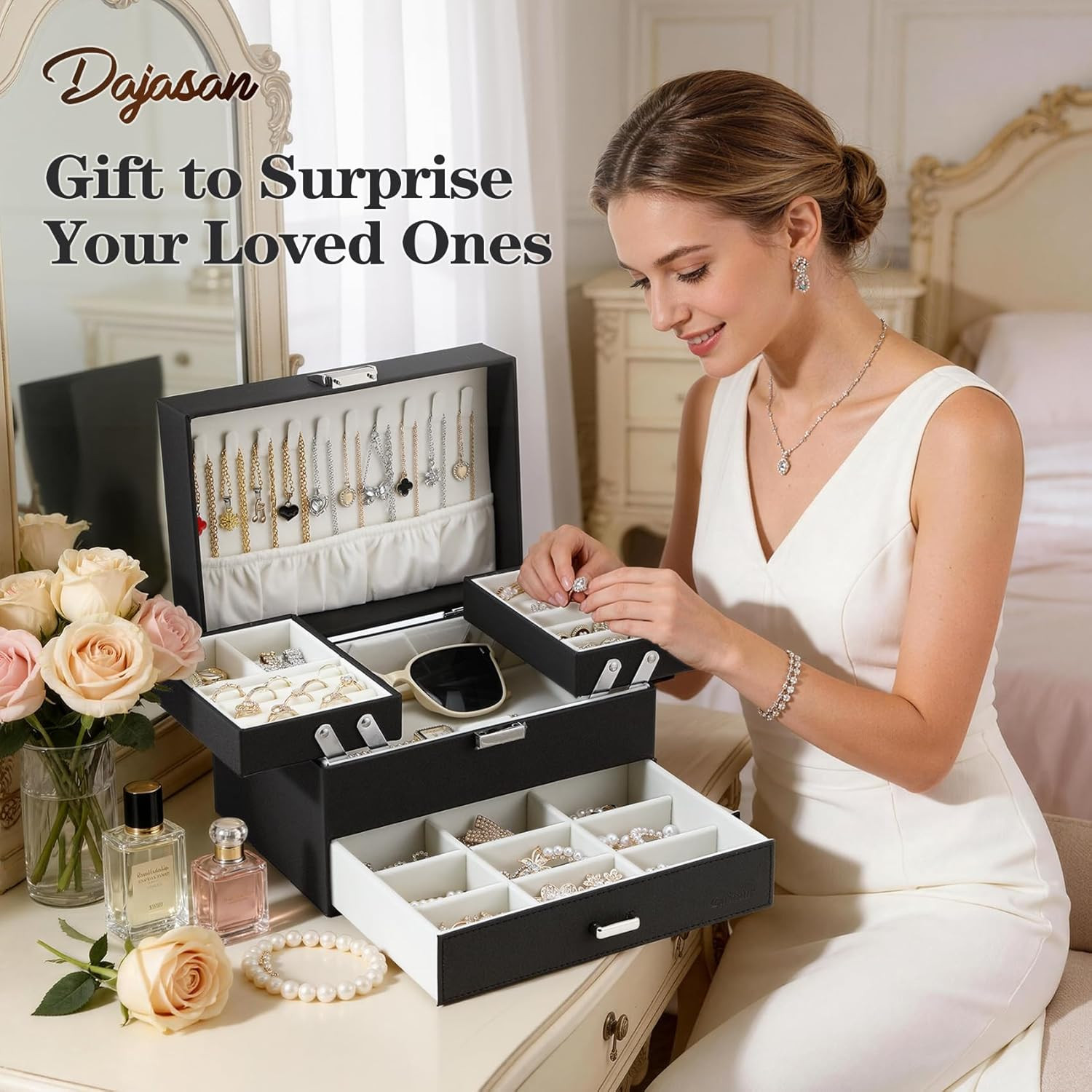 3 Layer Jewelry Organizer Box with Drawer Velvet Jewelry Storage Case Black