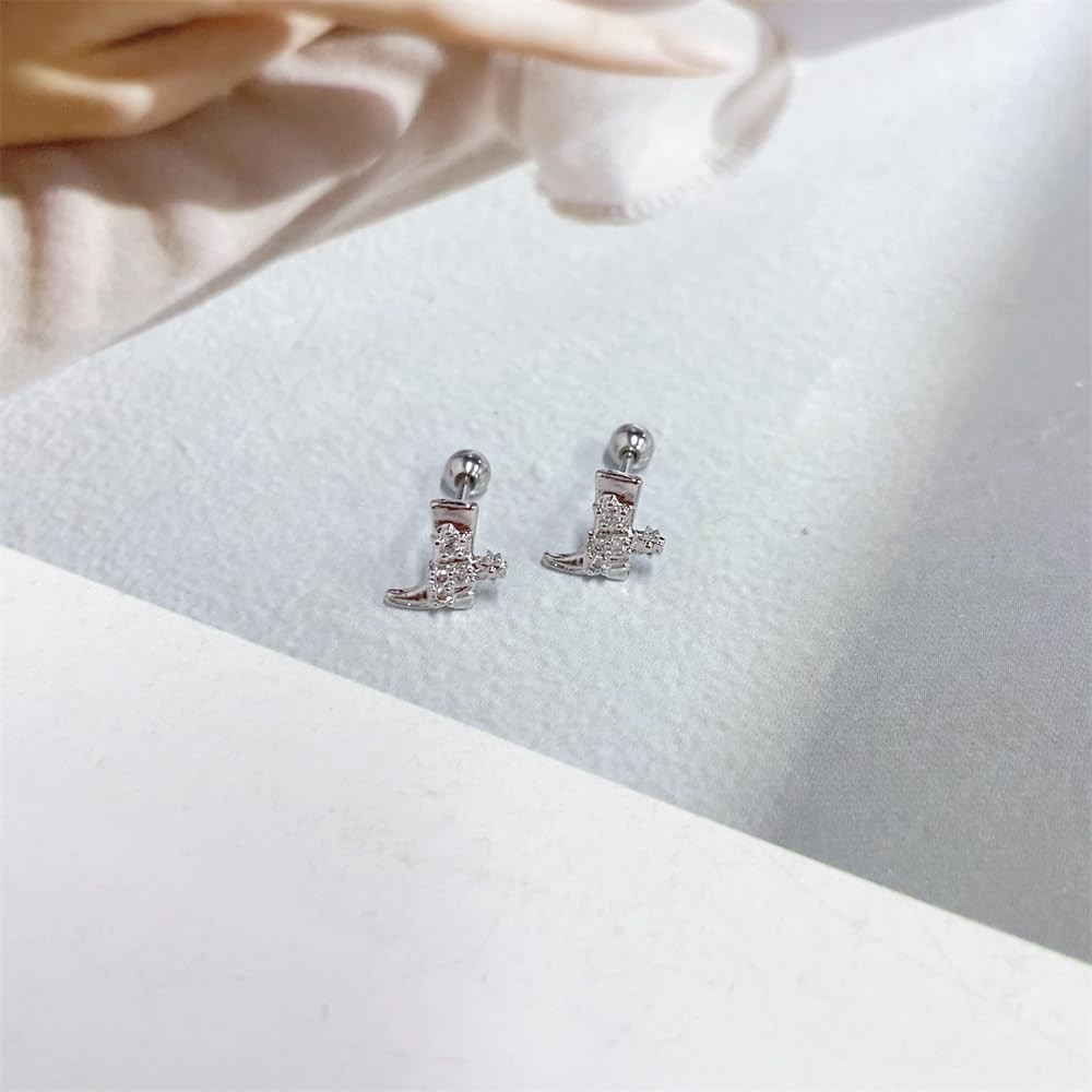 20g Western Cowgirl Boots CZ Small Tiny Stud Earrings for Women Men Silver