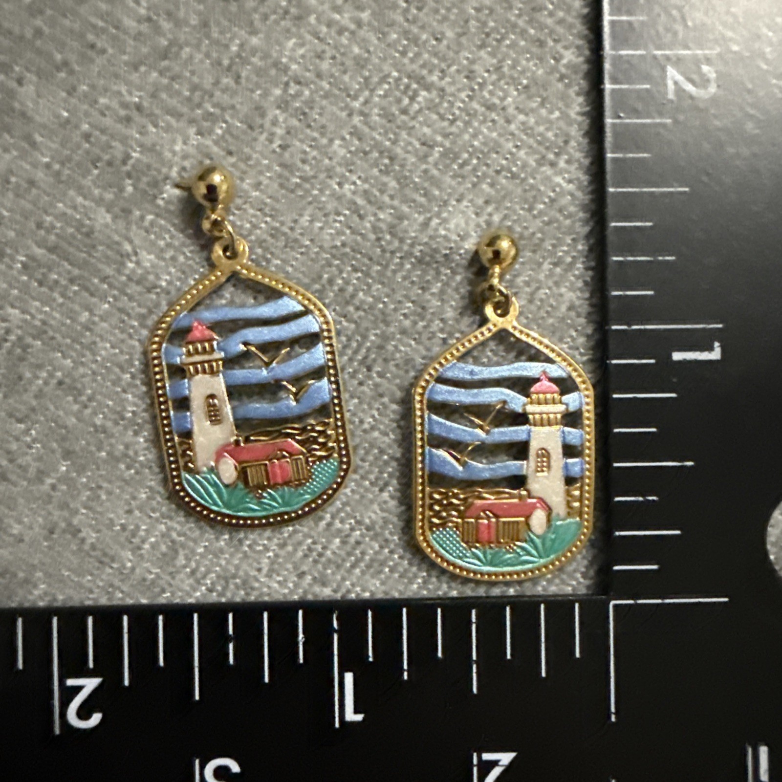 VTG Light shine Sea Gems Lighthouse Scene Earrings Dangle gold Plate Handpainted