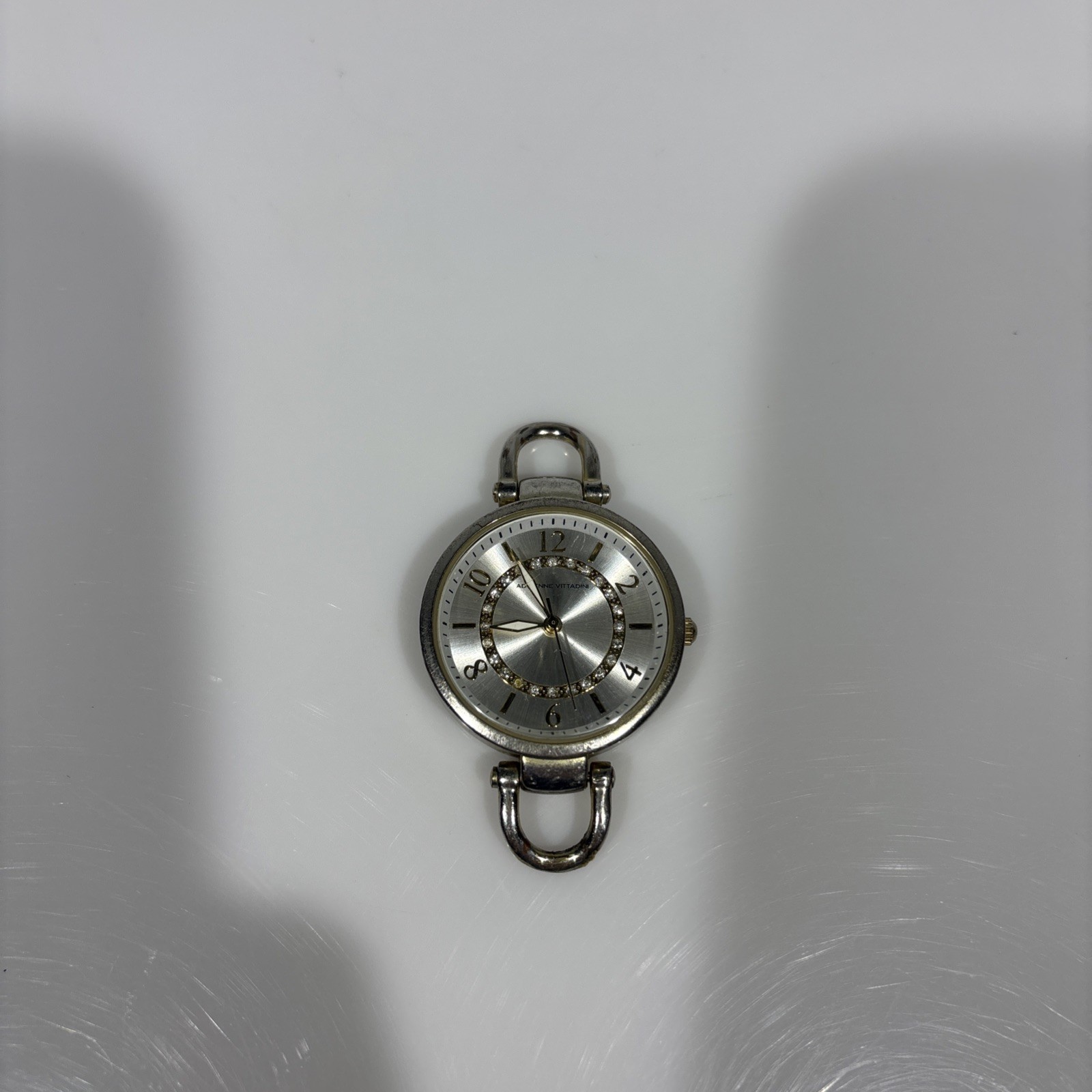 Adrienne Vittadini Womens Watch Face Silver Tone Sunray Dial Crystal Accent Ring