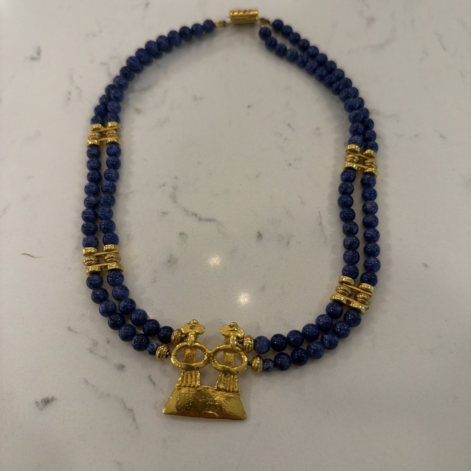 Lapis Lazuli Blue Beaded Necklace w/ Gold Tone Accents & Hook Clasp