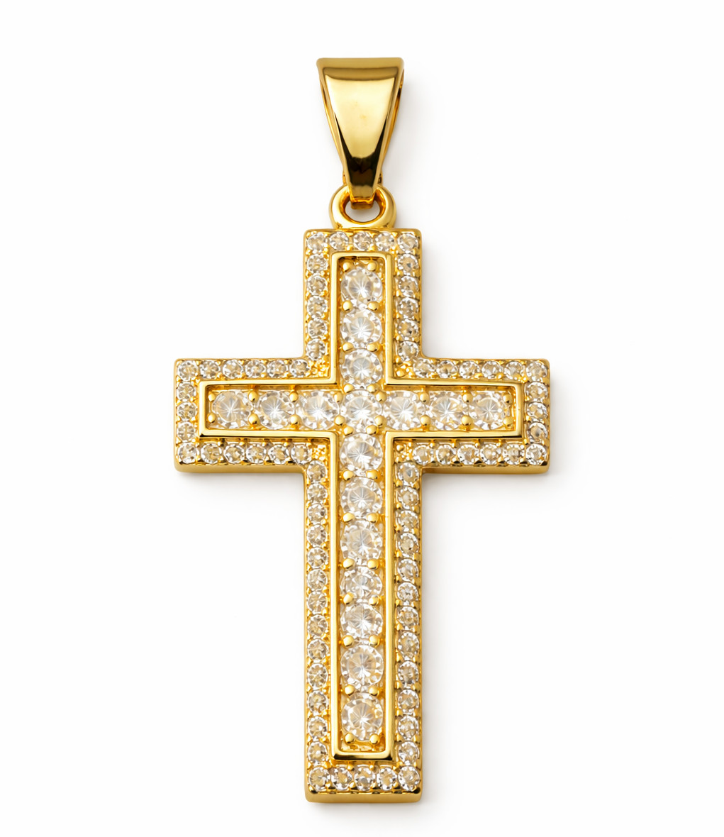 Italian 1/200 14k Yellow Gold Two Row CZ Catholic Cross Religious Pendant