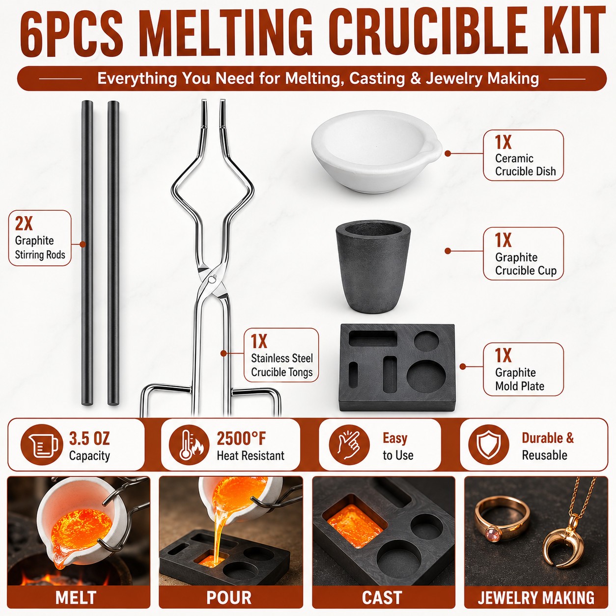 6PCS Graphite Ingot Crucible Mold Kit for Gold Silver Copper Torch Melting Tool