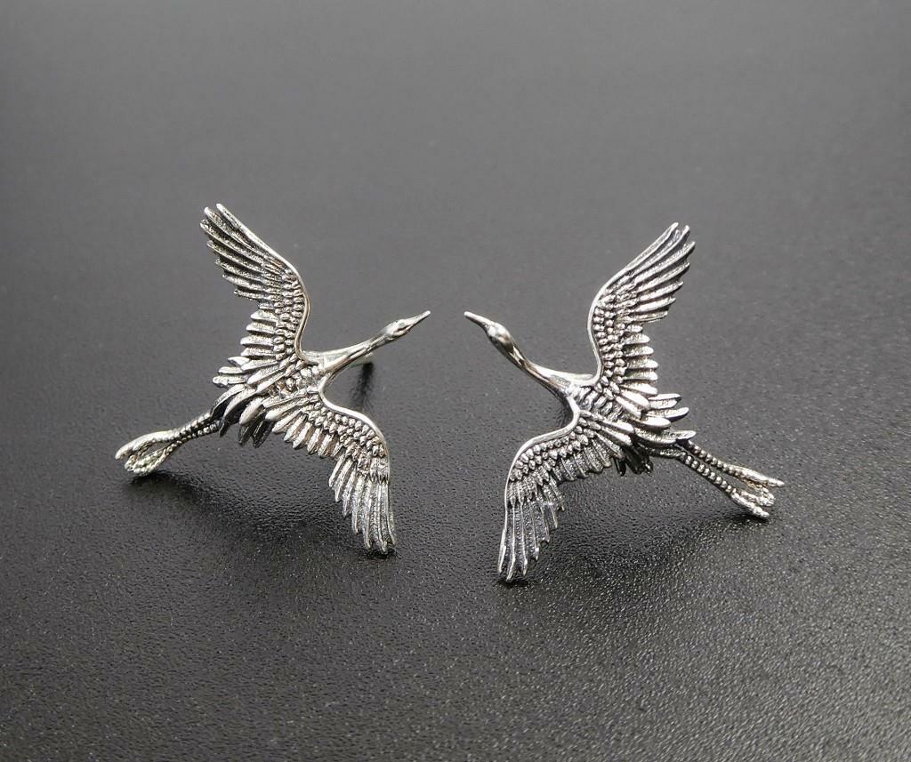Unique Sterling Silver Flying Egret Stork Bird Stud Post Earrings Fine Details