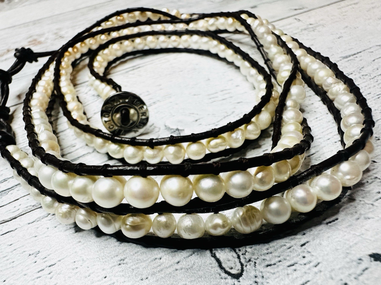 Victoria Emerson Freshwater Pearl Beaded Leather Cord Wrap Bracelet