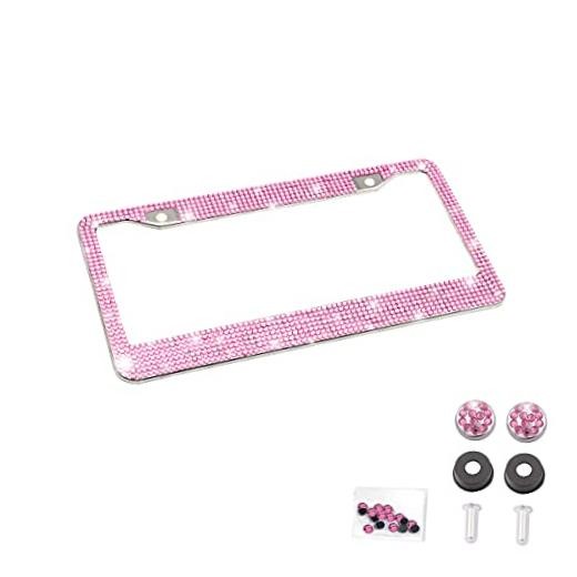 Bling Car License Plate Frame, Handcrafted Crystal Stainless Steel, 1PCS Pink