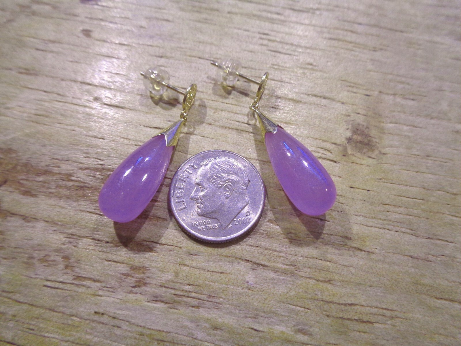 8MM 14K YELLOW GOLD GOOD FORTUNE TEARDROP LAVENDER JADE DANGLY STUD EARRINGS #1
