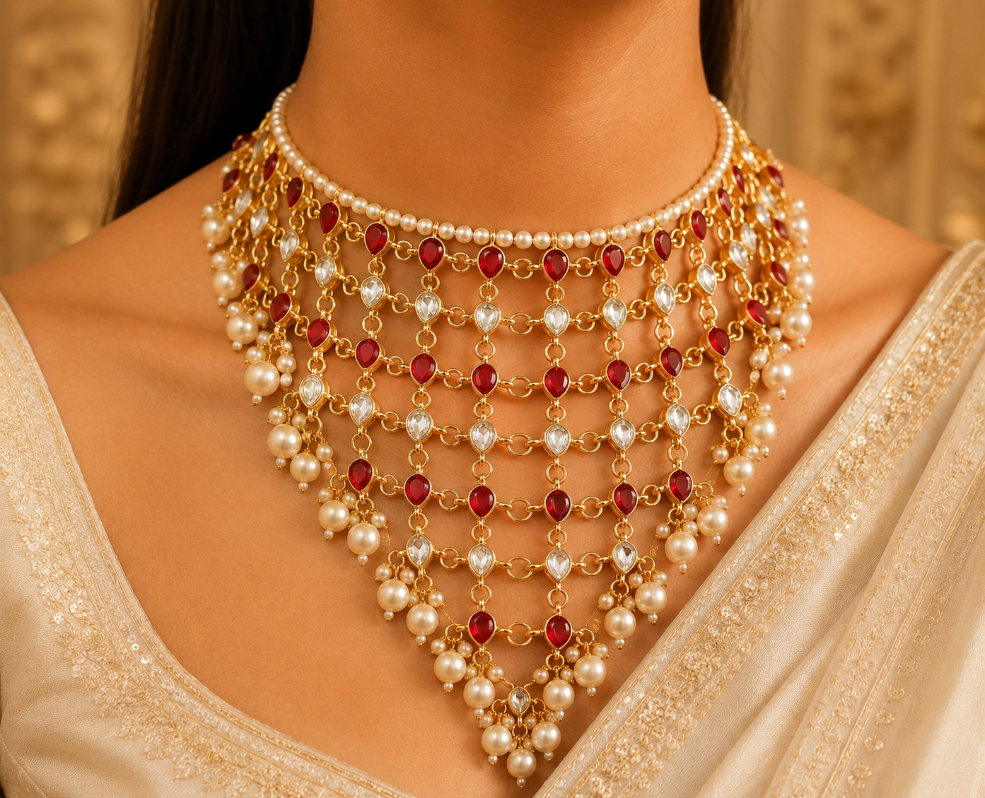 Arfa Pakistani Bridal Layered Ruby Kundan Pearl Choker Necklace Set Roz Jeweller