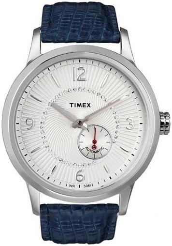 NEW TIMEX NAVY BLUE SNAKE LEATHER BAND AUTOMATIC & CRYSTALS LADY’S WATCH-T2N351