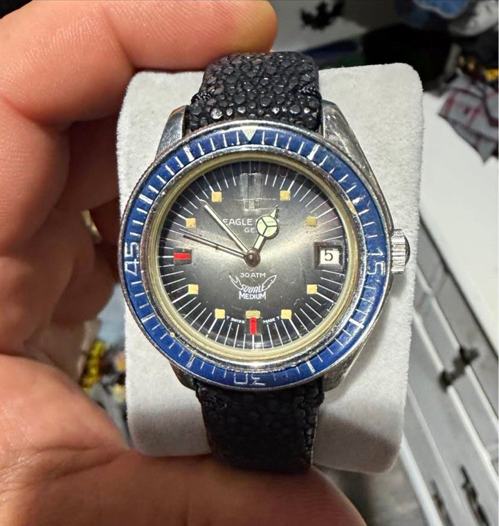 Eagle Geneve Squale Medium Diver Watch Date Blue Bezel Black Leather Strap