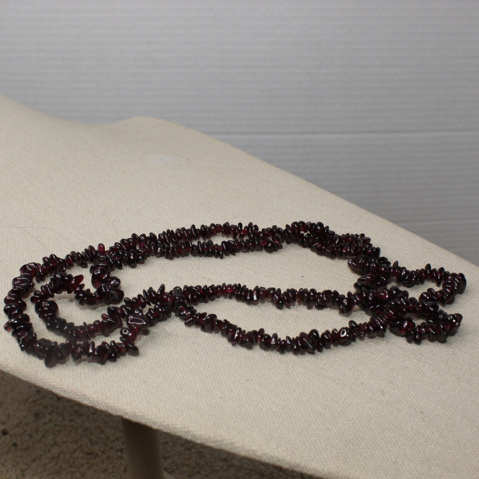 Garnet Chip Necklace Long Strand Beaded Gemstone 35in Deep Red Burgundy Boho