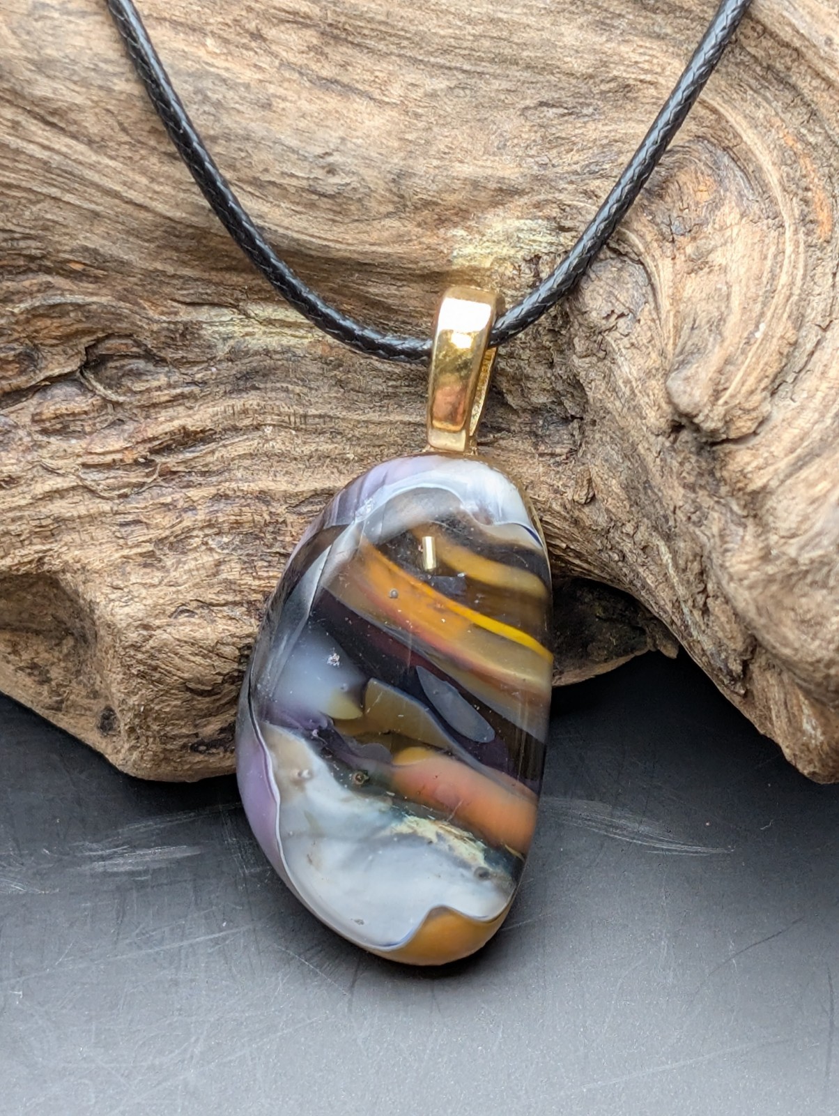 Brown And White Multicolor Glass Dichroic necklace Gold Plated bail #261