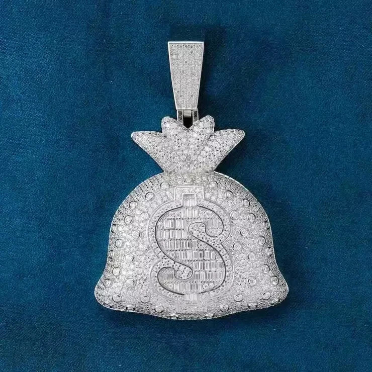 3 Ct Round Cut Real Moissanite Money Bag Pendant 14K White Gold Plated Silver