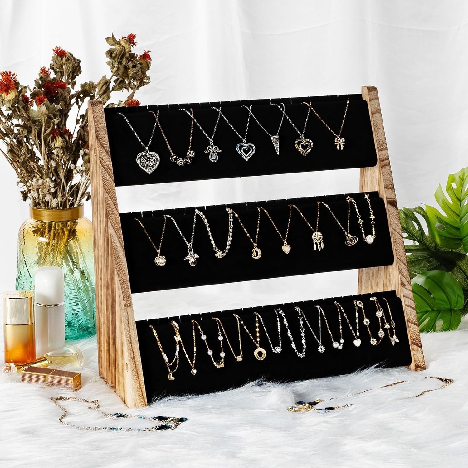 Stylish Necklace Organizer with Velvet Protection – Rustic Wood for 72 Necklaces