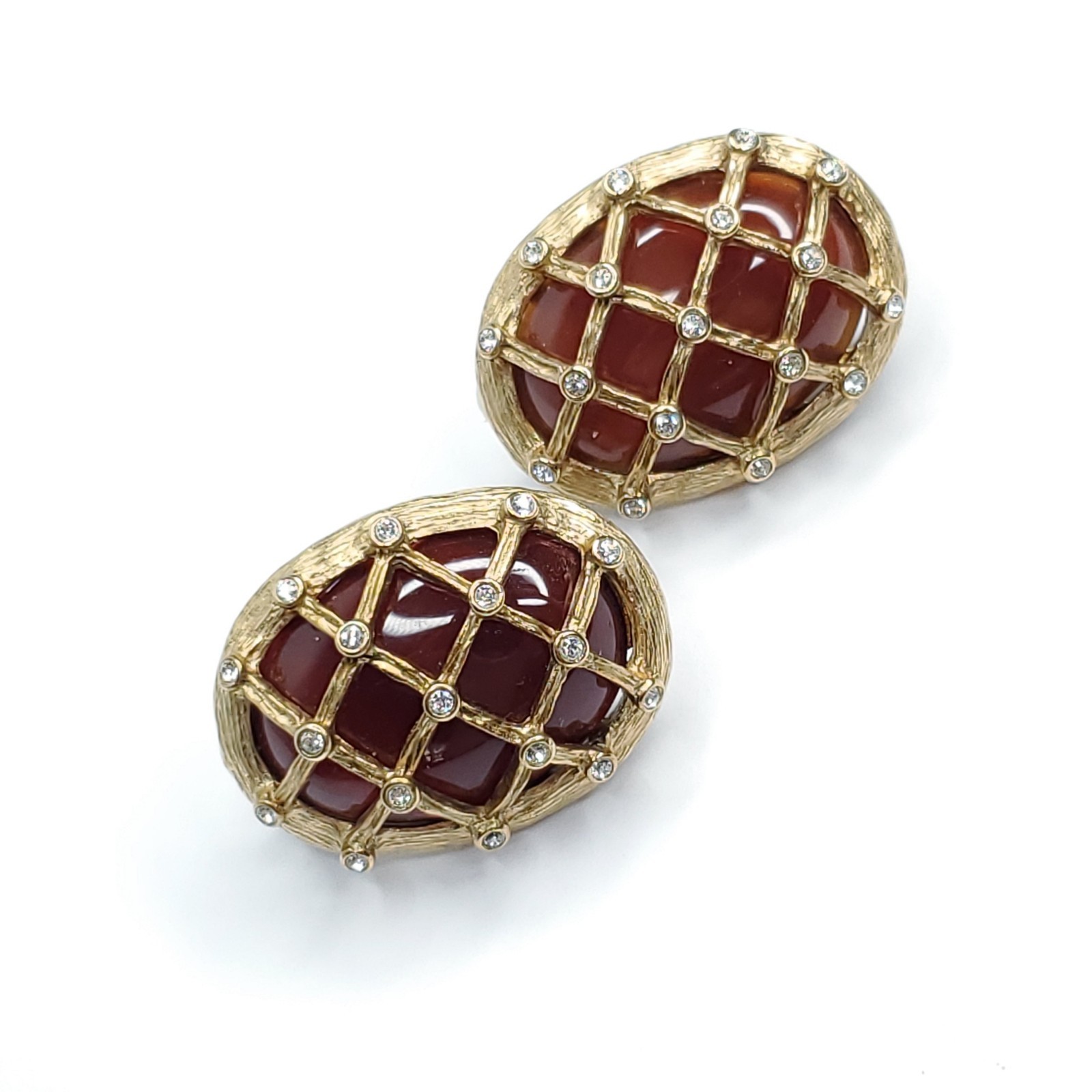 Landau Bold Brown Earrings Jelly Belly Cabochon Rhinestone Goldtone Basketweave