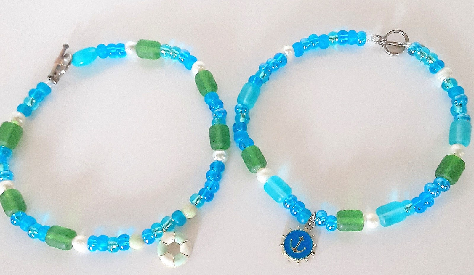 Handmade Sister Friends Sea Glass Nautical Charm Beaded Ankle Bracelet Set