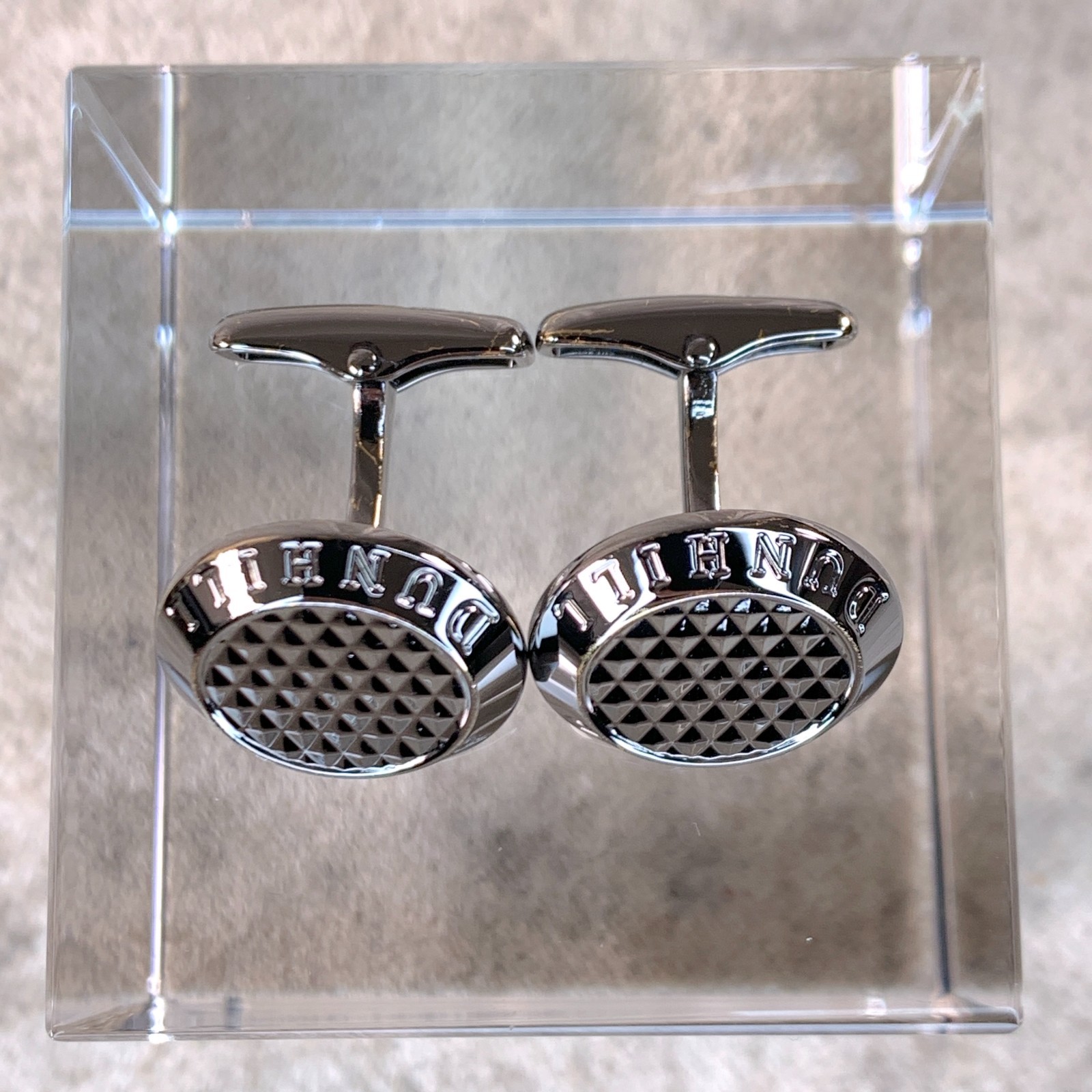 Dunhill Cufflinks Round Dark Silver Diamond Cut Texture with Case & Card