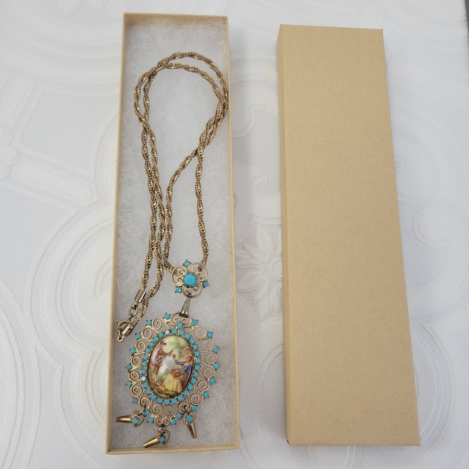 Juliana Delizza Elster Necklace Gold Tone Victorian Revival Turquoise Rhinestone