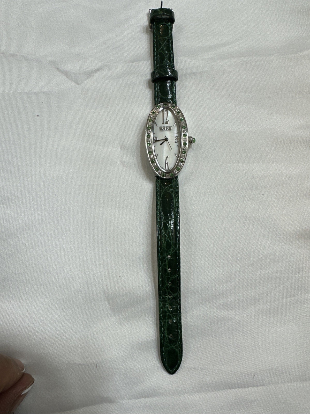 Effy Diamond & Tsavorite 1.78 Ct Swiss Quartz Ladies Watch Green Crocodile Strap