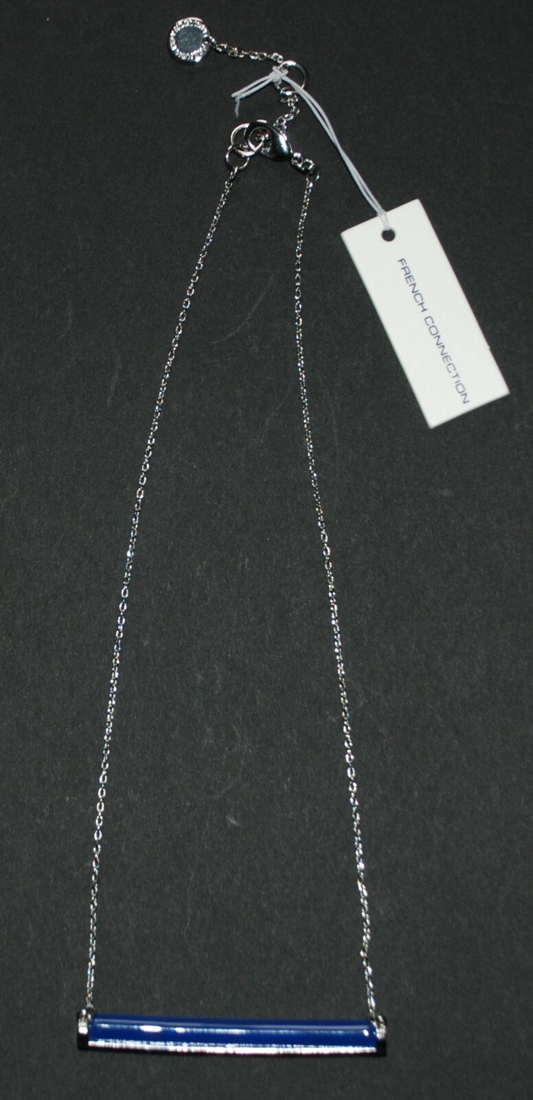 French Connection Jewelry Horizontal Blue Tube Bar Pendant With 18” Silver Chain