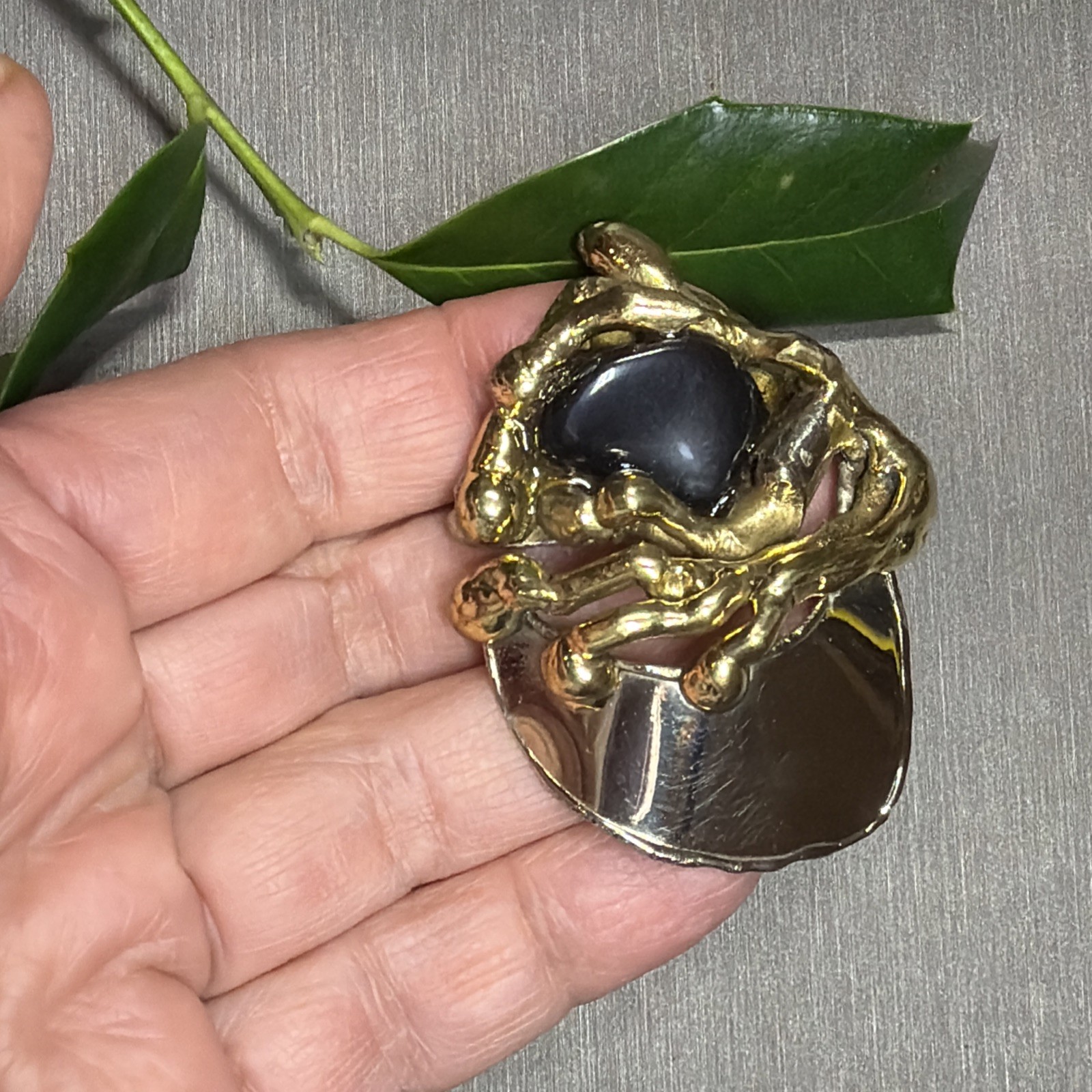 Vintage George Gabriel Mixed Metal Brooch Gold Silver Copper Onyx Gem Modernist