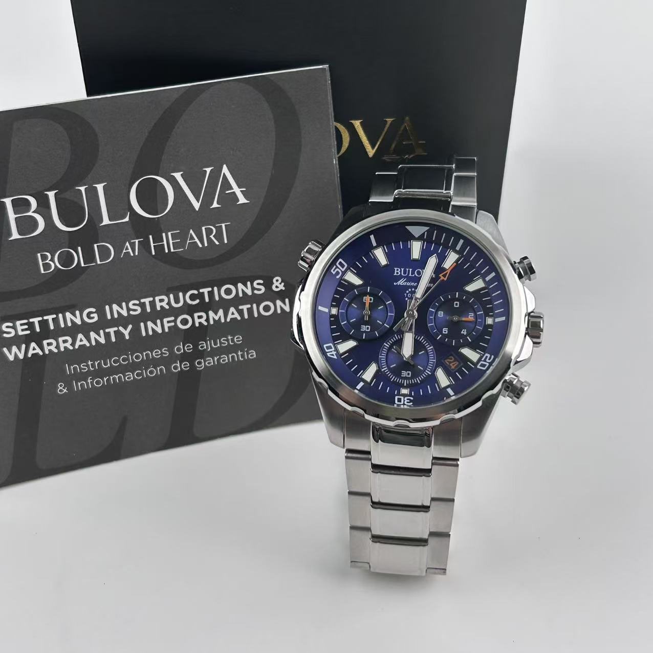 New Bulova Marine Star 96B256 Blue Dial Men’s Chronograph Quartz Watch 43mm