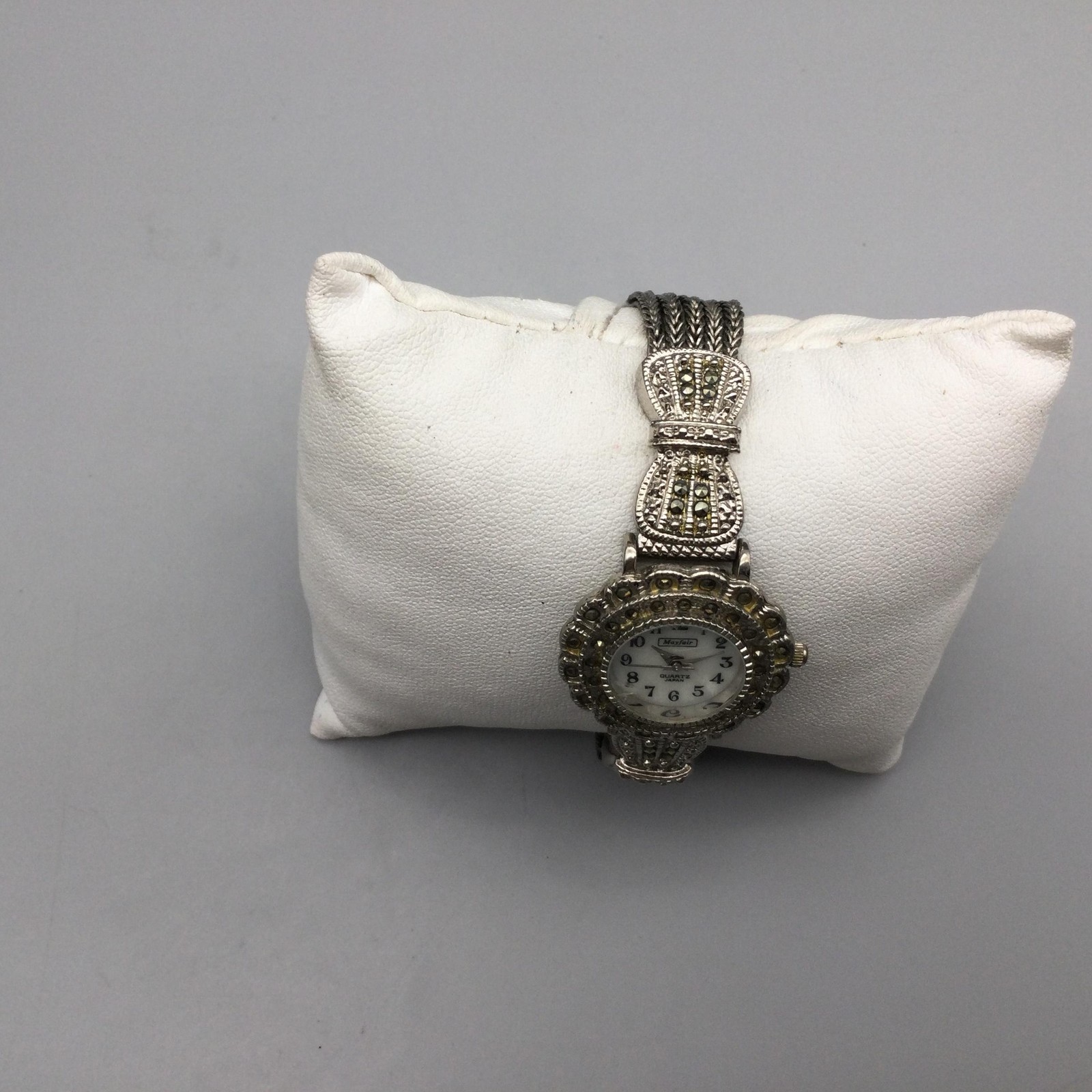 Mayfair Womens Watch 27mm White MOP Dial Silver Tone Marcasite New Battery 7.25″