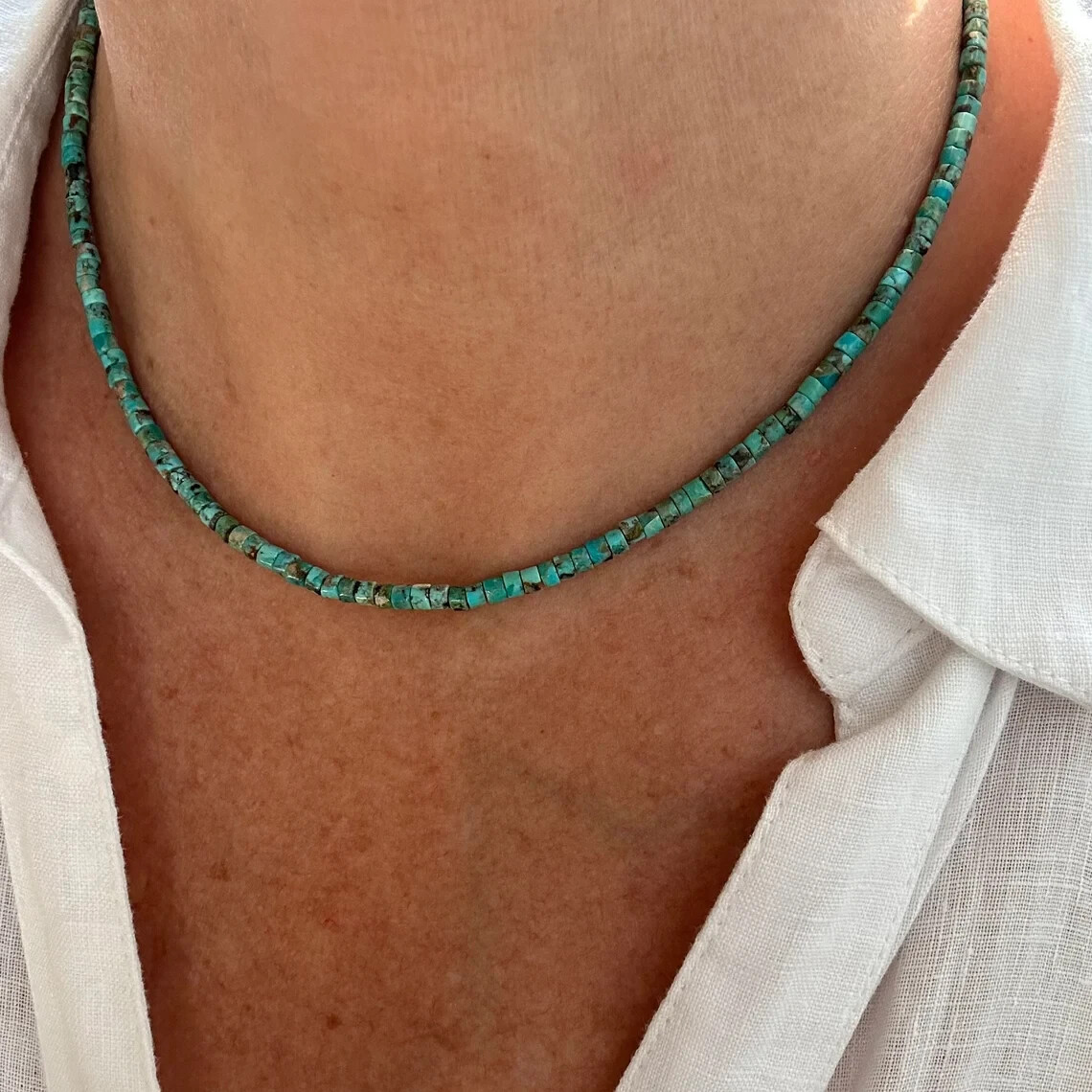 Tiny Micro 3mm Kingman Turquoise Beaded Necklace, Turquoise Heishi Bead Necklace