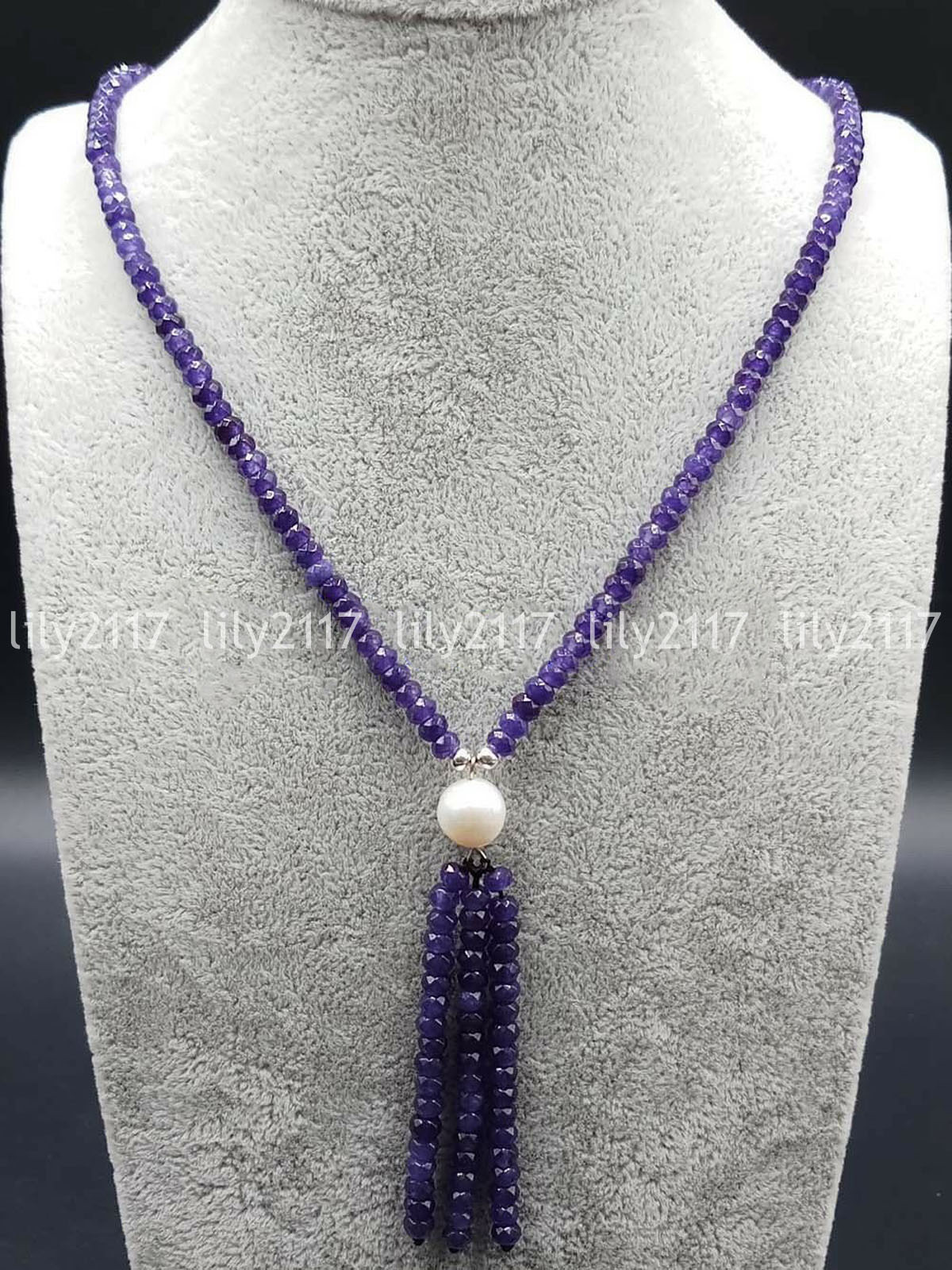 Faceted 2x4mm Amethyst Gemstone & 9-10mm White Akoya Pearl Pendant Necklace 18”