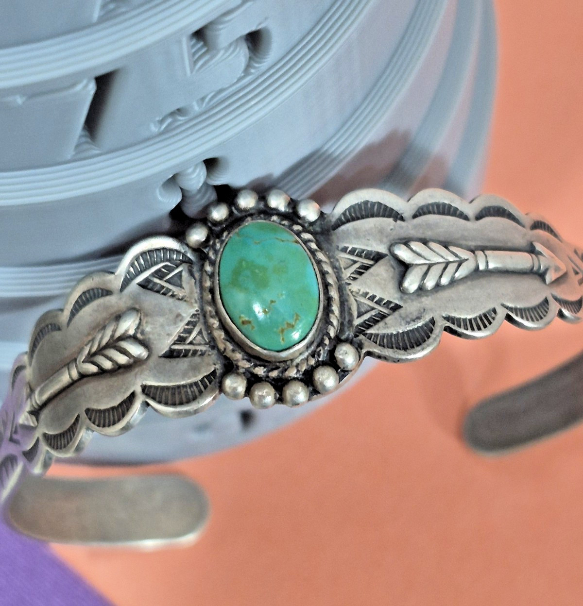 Vintage Fred Harvey Era Sterling Silver Turquoise Cuff Bracelet Arrow Stamp
