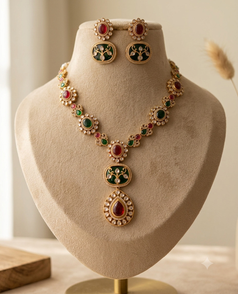 Farah Royal Ruby and Emerald Necklace Set of Kundan for Festive Roz Jewellers.