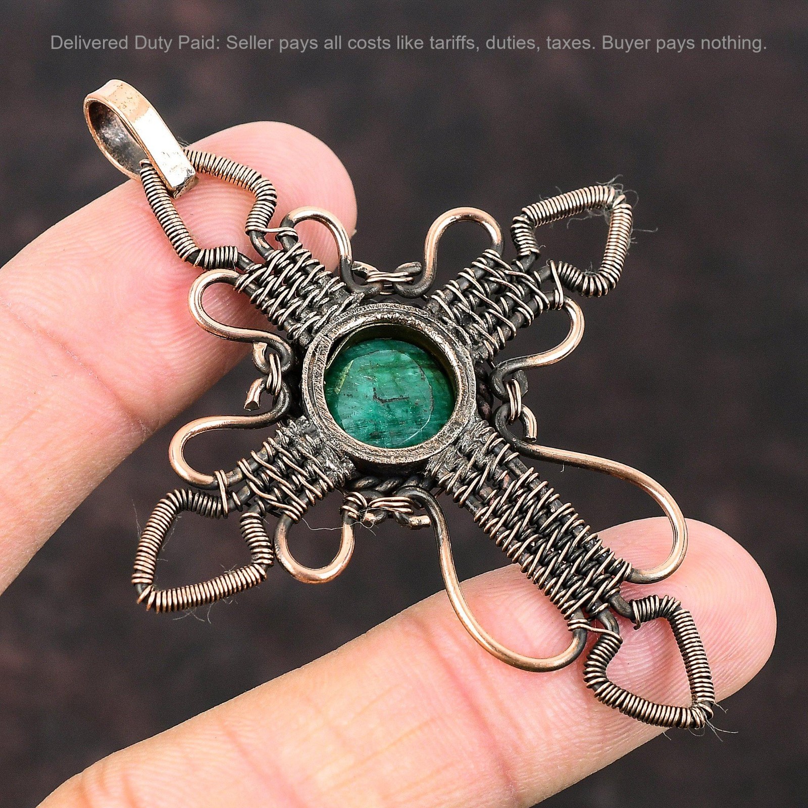 Christmas Deal Natural Zambian Emrald Copper Birthday Wire Wrapped Cross Pendant