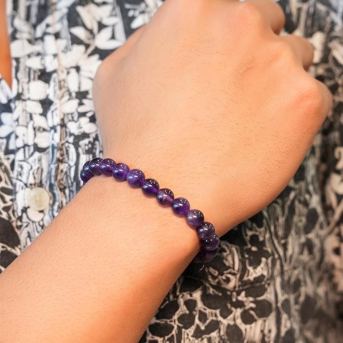 Natural Gemstone 8 mm Bracelet Men & Women Stretchable Crystal Beads – Amethyst