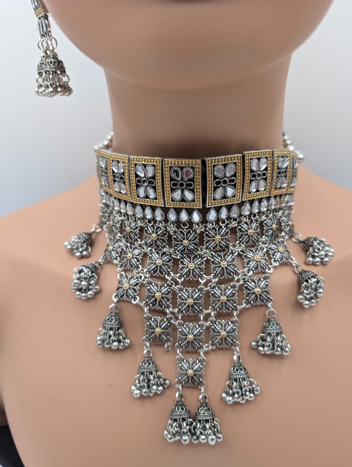 See Noor Dual Tone Fusion Style Necklace Set with Jhumka Bells