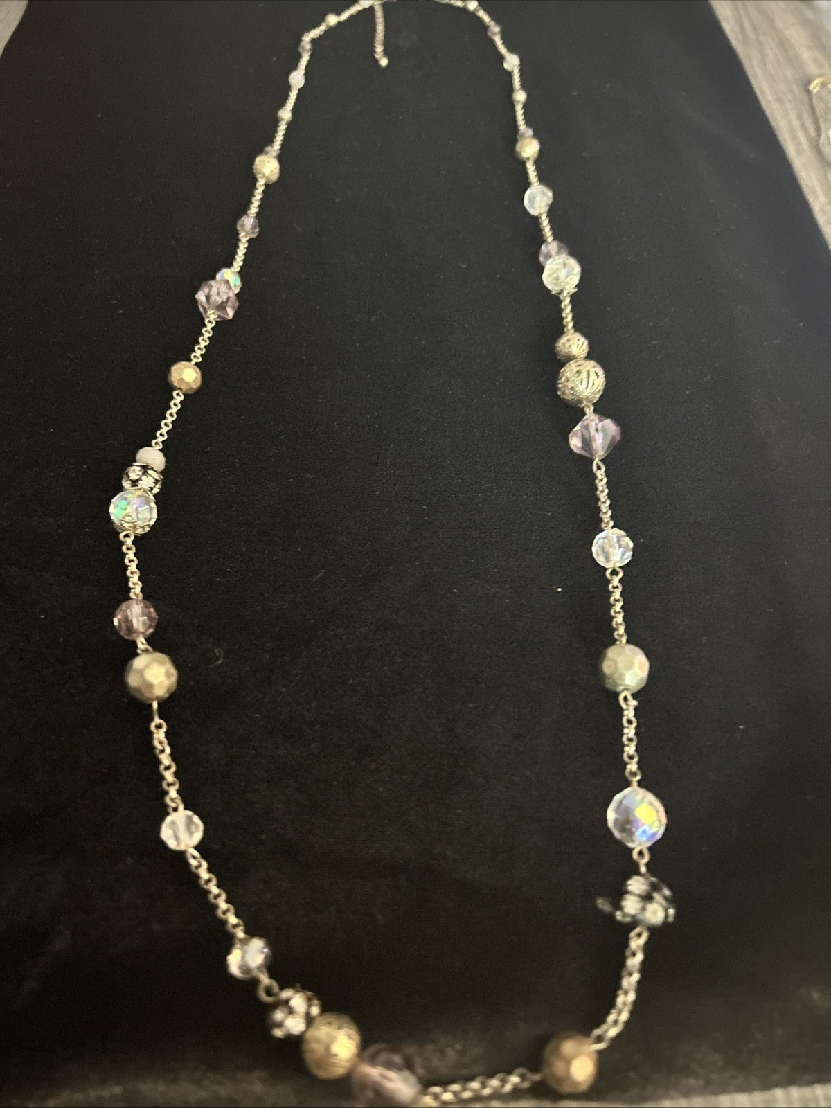 Adjustable Silver-Tone Link Translucent & GoldTone+Purple Beads Necklace 20”Drop
