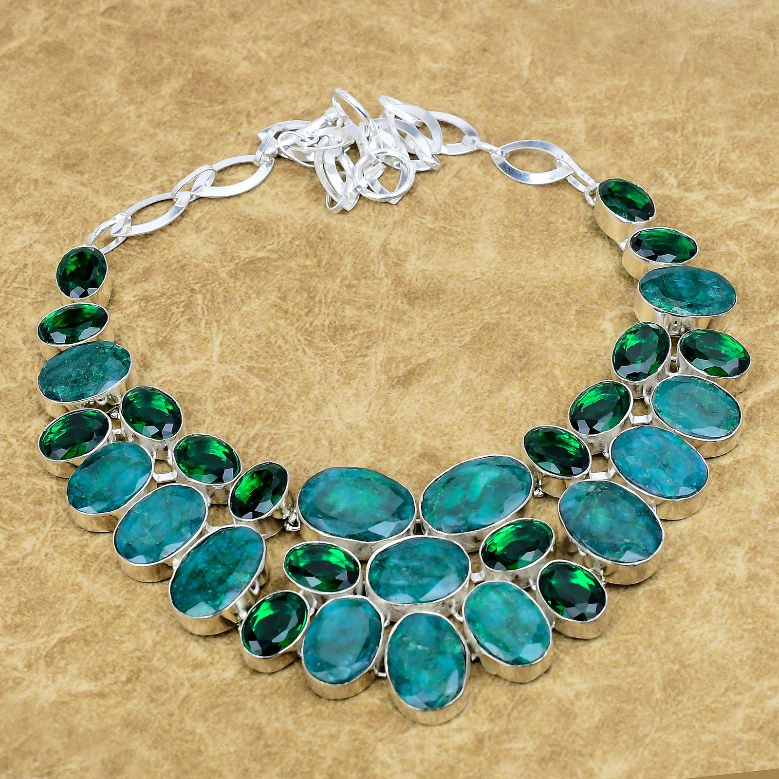 Natural Zambian Emrald, Diopside Gemstone Necklace 925 Sterling Silver Jewelry